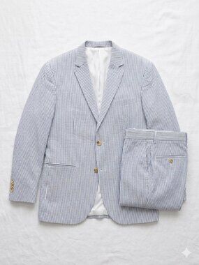 Seersucker Suit Set (Blazer & Pants) – Blue Stripe ($300 Retail) – Worn Once